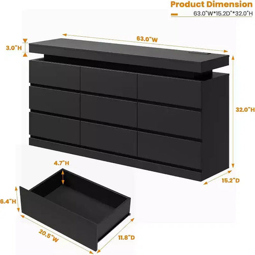 Cómoda de 9 cajones, blanco y negro, con luces LED y puertos USB, 160 cm de ancho