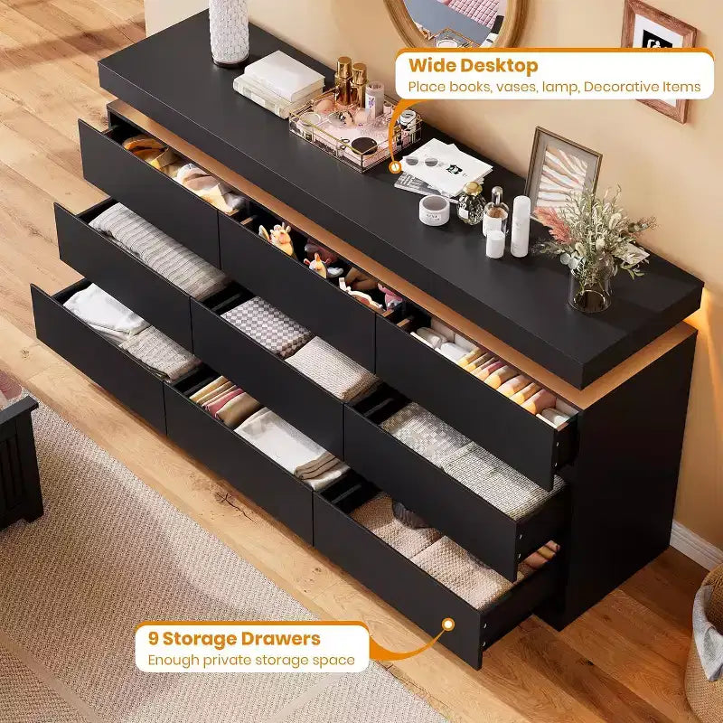 Cómoda de 9 cajones, blanco y negro, con luces LED y puertos USB, 160 cm de ancho