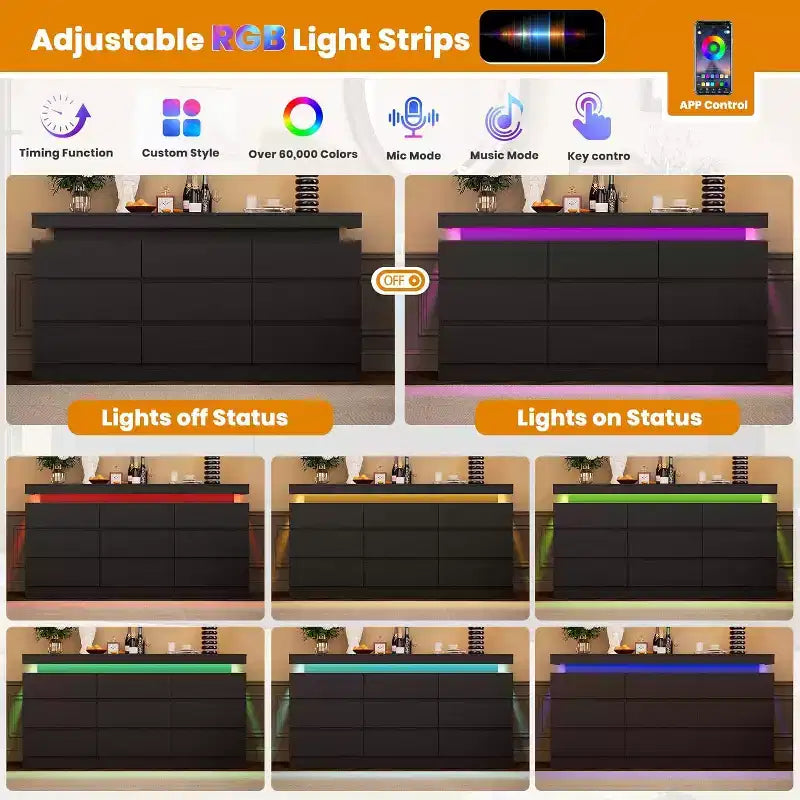 Cómoda de 9 cajones, blanco y negro, con luces LED y puertos USB, 160 cm de ancho