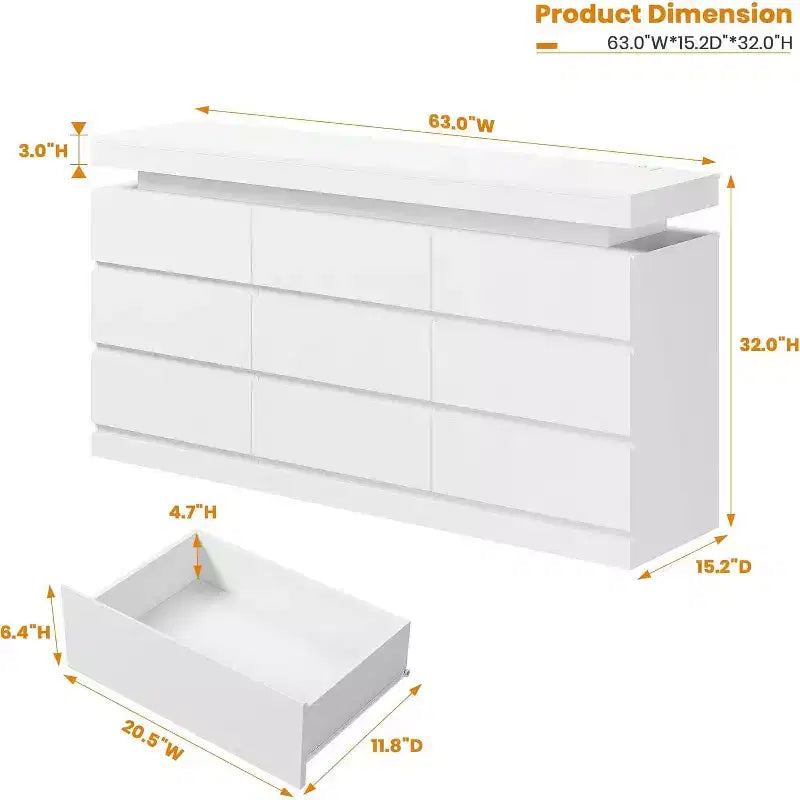 Cómoda de 9 cajones, blanco y negro, con luces LED y puertos USB, 160 cm de ancho
