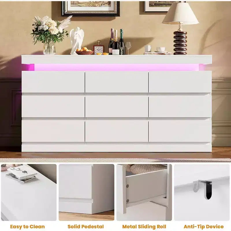 Cómoda de 9 cajones, blanco y negro, con luces LED y puertos USB, 160 cm de ancho