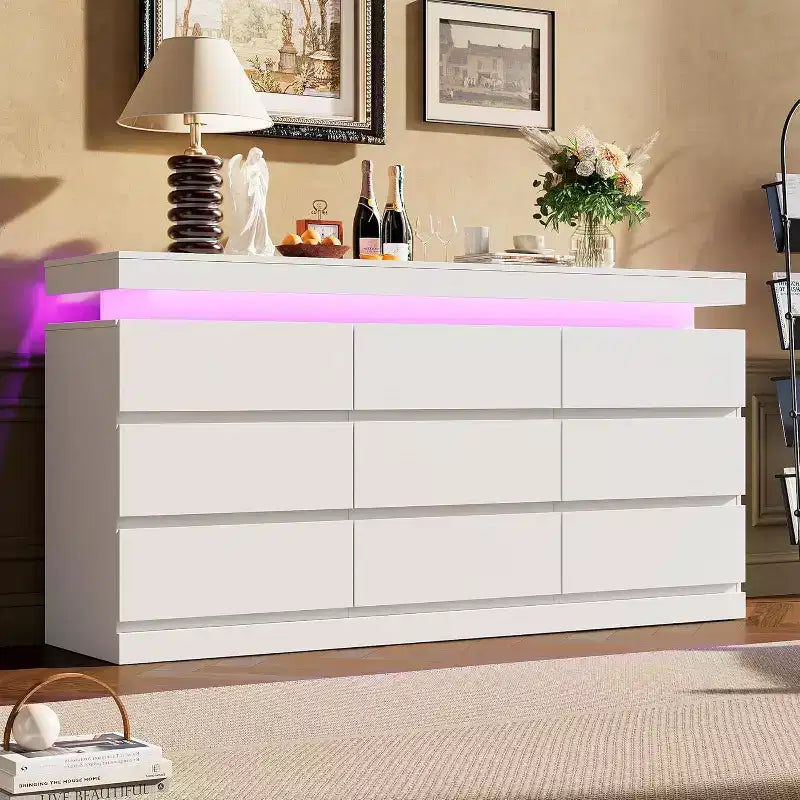 Cómoda de 9 cajones, blanco y negro, con luces LED y puertos USB, 160 cm de ancho