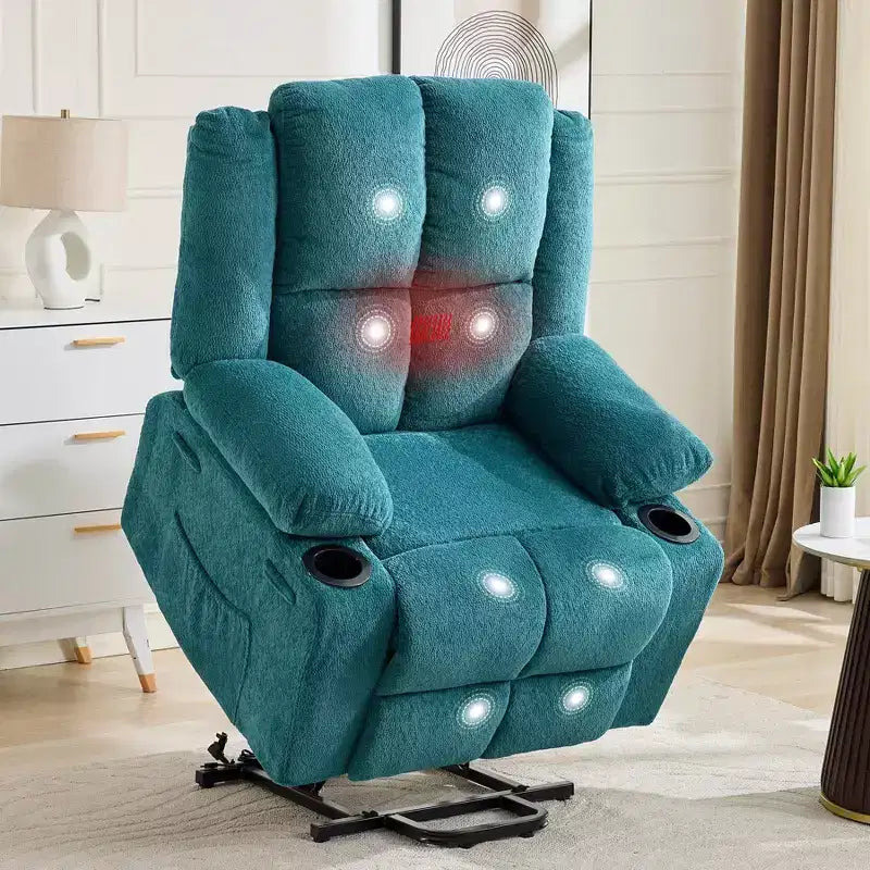 Oversized Power Lift Recliner Chair for Elderly  Electric Reclining, Heat & Massage, Stand Assist, Cup Holders, Side Pocket, Terry Cloth Upholstery
