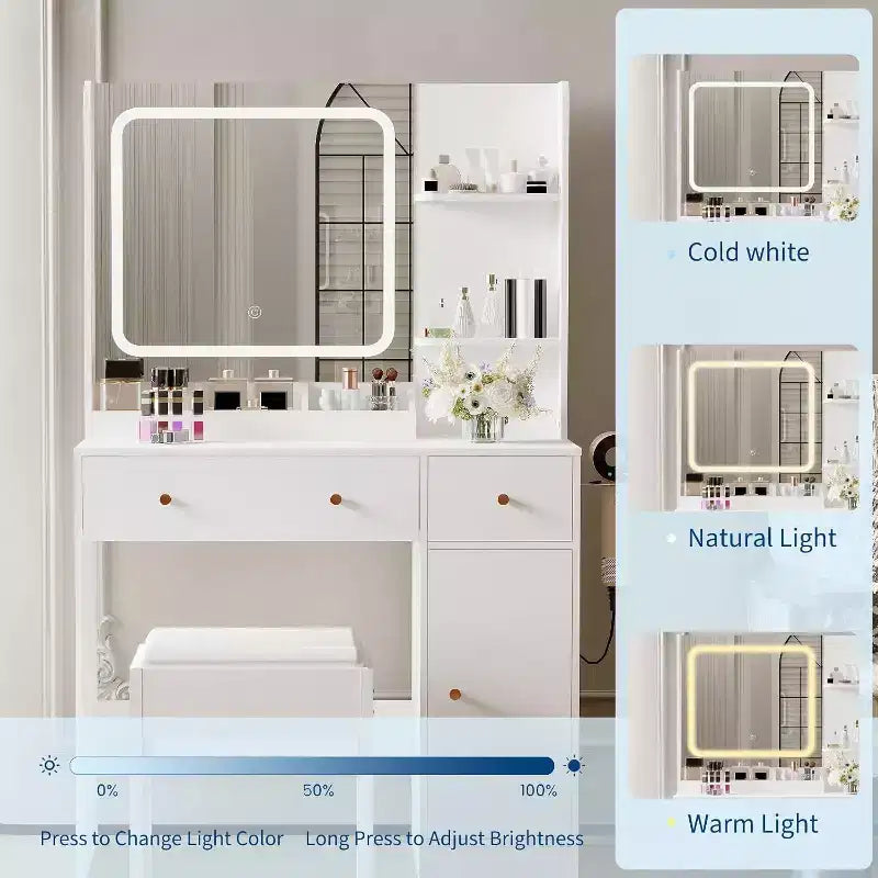 Tocador Negro/Blanco con Espejo y Luces, Mesa de Maquillaje Individual con Concentrador de Energía, 3 Modos de Iluminación, Cajones y Estantes