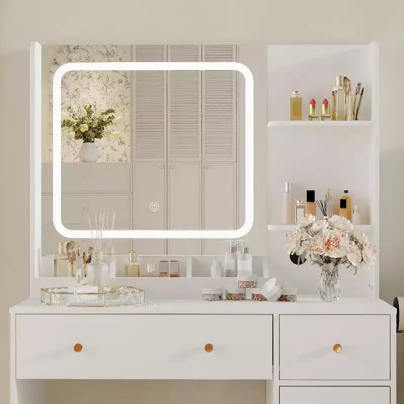 Tocador Negro/Blanco con Espejo y Luces, Mesa de Maquillaje Individual con Concentrador de Energía, 3 Modos de Iluminación, Cajones y Estantes