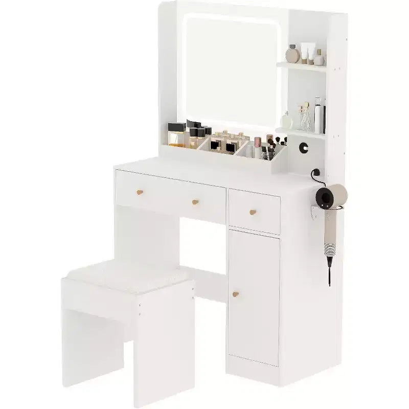 Tocador Negro/Blanco con Espejo y Luces, Mesa de Maquillaje Individual con Concentrador de Energía, 3 Modos de Iluminación, Cajones y Estantes