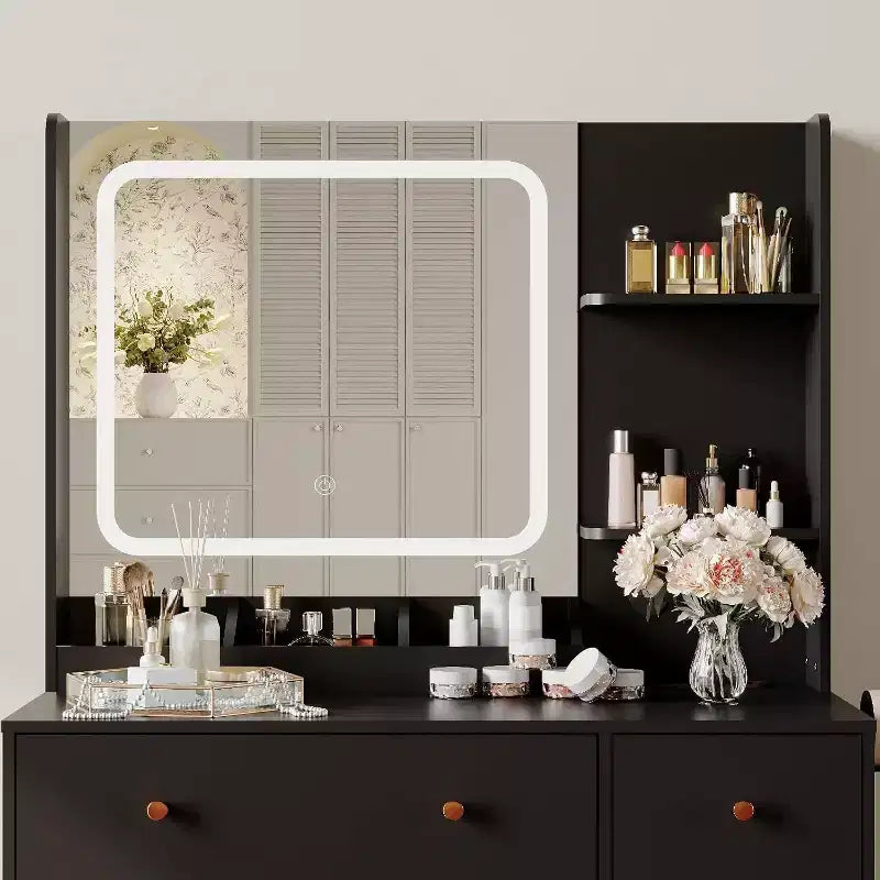 Tocador Negro/Blanco con Espejo y Luces, Mesa de Maquillaje Individual con Concentrador de Energía, 3 Modos de Iluminación, Cajones y Estantes
