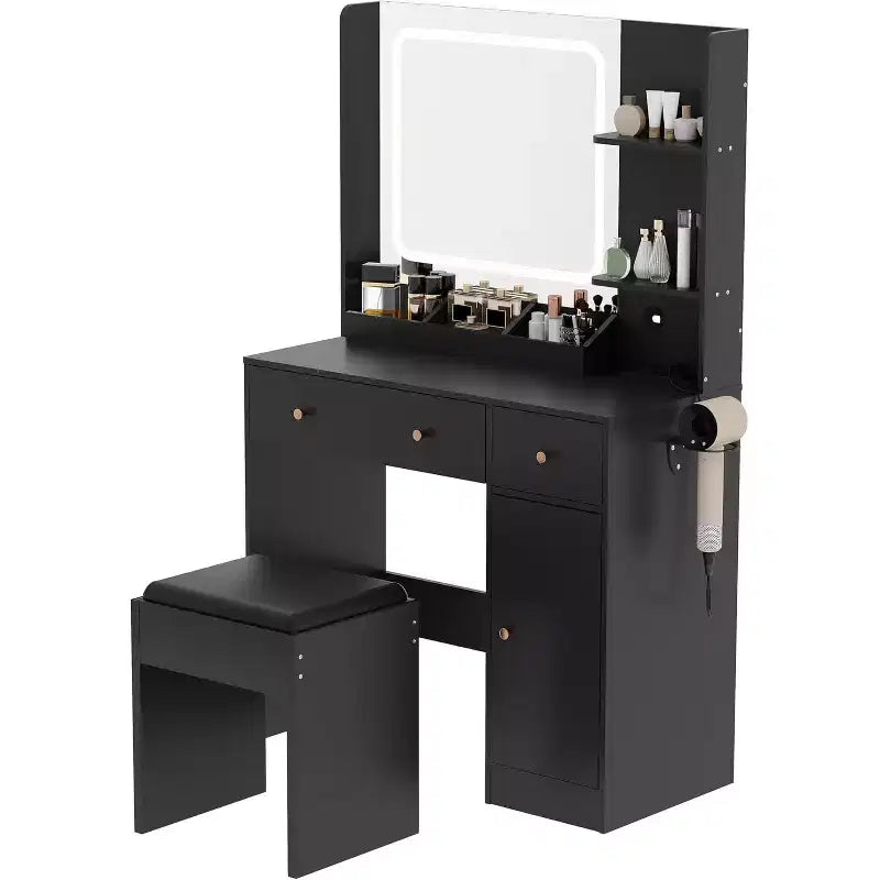 Tocador Negro/Blanco con Espejo y Luces, Mesa de Maquillaje Individual con Concentrador de Energía, 3 Modos de Iluminación, Cajones y Estantes