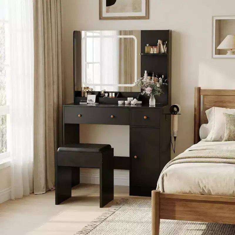 Vanity Desk with Mirror and Lights, Makeup Vanity Table Set with Power Hub, 3 Lighting Modes, Drawers & Storage Shelves, Dressing Table for Bedroom