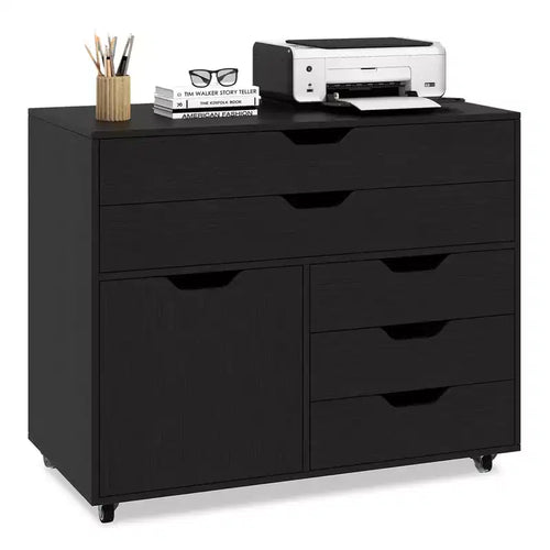 Costway 5-Drawer File Cabinet Mobile Chest of Drawers with Side Cabinet 5 Casters White/Brown/Black