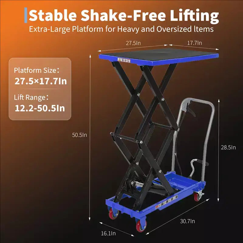 Mesa elevadora hidráulica azul, 149 kg, 1 persona, altura de elevación de 72,4/127 cm