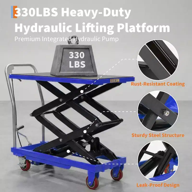 Mesa elevadora hidráulica azul, 149 kg, 1 persona, altura de elevación de 72,4/127 cm