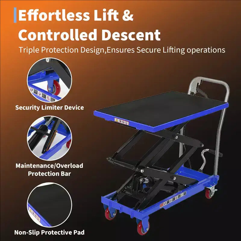 Mesa elevadora hidráulica azul, 149 kg, 1 persona, altura de elevación de 72,4/127 cm