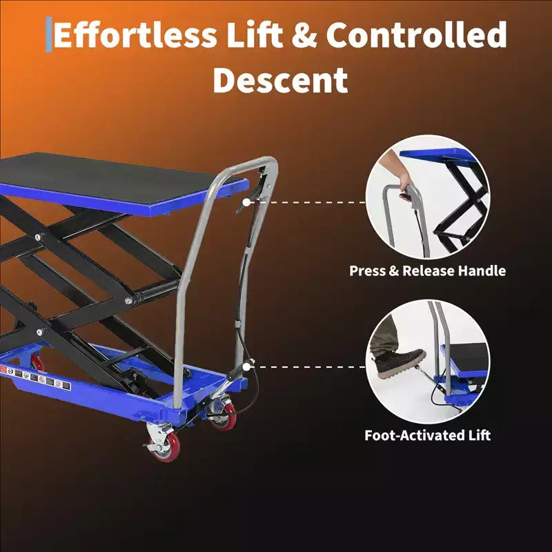 Mesa elevadora hidráulica azul, 149 kg, 1 persona, altura de elevación de 72,4/127 cm