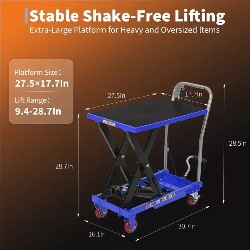 Mesa elevadora hidráulica azul, 149 kg, 1 persona, altura de elevación de 72,4/127 cm