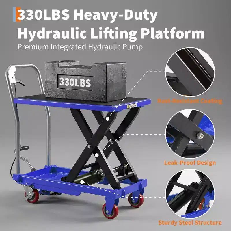 Mesa elevadora hidráulica azul, 149 kg, 1 persona, altura de elevación de 72,4/127 cm