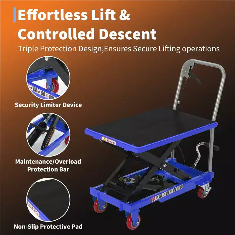 Mesa elevadora hidráulica azul, 149 kg, 1 persona, altura de elevación de 72,4/127 cm