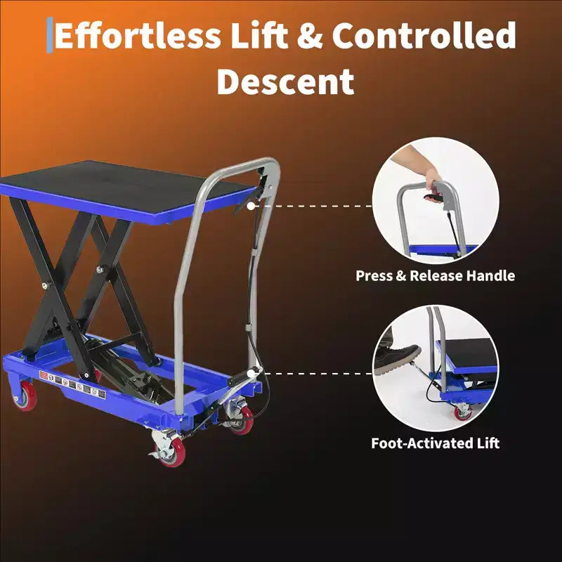 Mesa elevadora hidráulica azul, 149 kg, 1 persona, altura de elevación de 72,4/127 cm