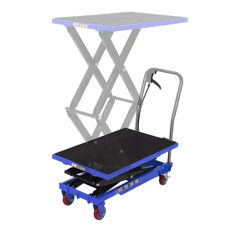 Mesa elevadora hidráulica azul, 149 kg, 1 persona, altura de elevación de 72,4/127 cm