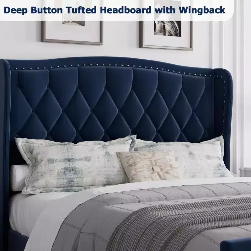 Estructura de cama plataforma tapizada capitoné con orejeras, cajones de almacenamiento (azul/blanquecino) – Matrimonial/Queen/King, 2 personas
