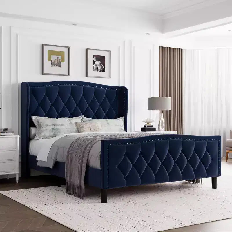 Estructura de cama plataforma tapizada capitoné con orejeras, cajones de almacenamiento (azul/blanquecino) – Matrimonial/Queen/King, 2 personas