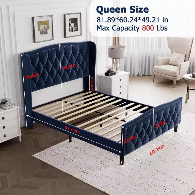 Estructura de cama plataforma tapizada capitoné con orejeras, cajones de almacenamiento (azul/blanquecino) – Matrimonial/Queen/King, 2 personas