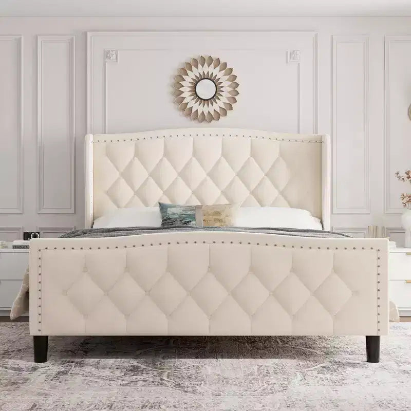 Estructura de cama plataforma tapizada capitoné con orejeras, cajones de almacenamiento (azul/blanquecino) – Matrimonial/Queen/King, 2 personas