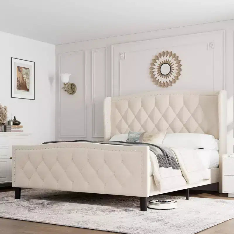 Estructura de cama plataforma tapizada capitoné con orejeras, cajones de almacenamiento (azul/blanquecino) – Matrimonial/Queen/King, 2 personas