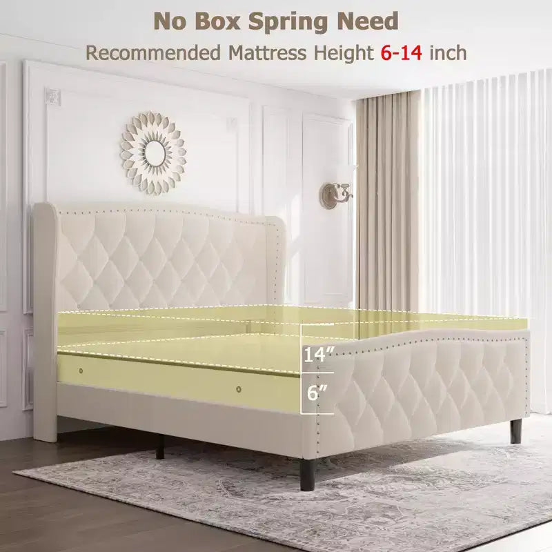Estructura de cama plataforma tapizada capitoné con orejeras, cajones de almacenamiento (azul/blanquecino) – Matrimonial/Queen/King, 2 personas