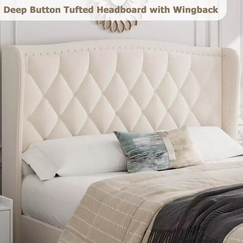 Estructura de cama plataforma tapizada capitoné con orejeras, cajones de almacenamiento (azul/blanquecino) – Matrimonial/Queen/King, 2 personas