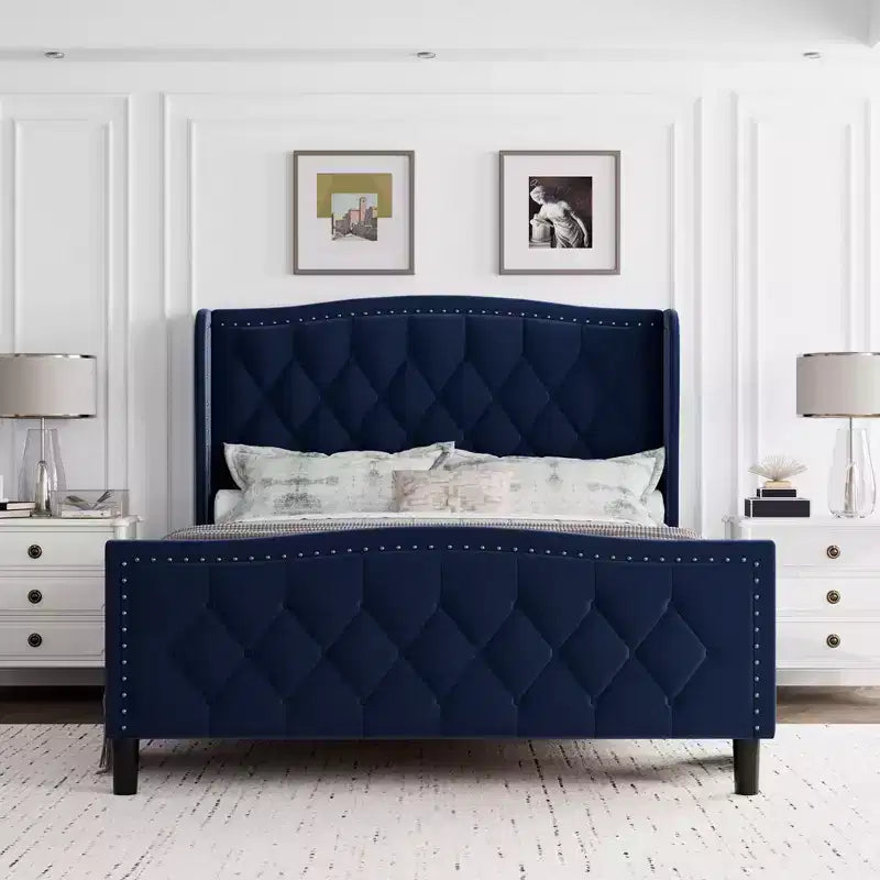 Estructura de cama plataforma tapizada capitoné con orejeras, cajones de almacenamiento (azul/blanquecino) – Matrimonial/Queen/King, 2 personas