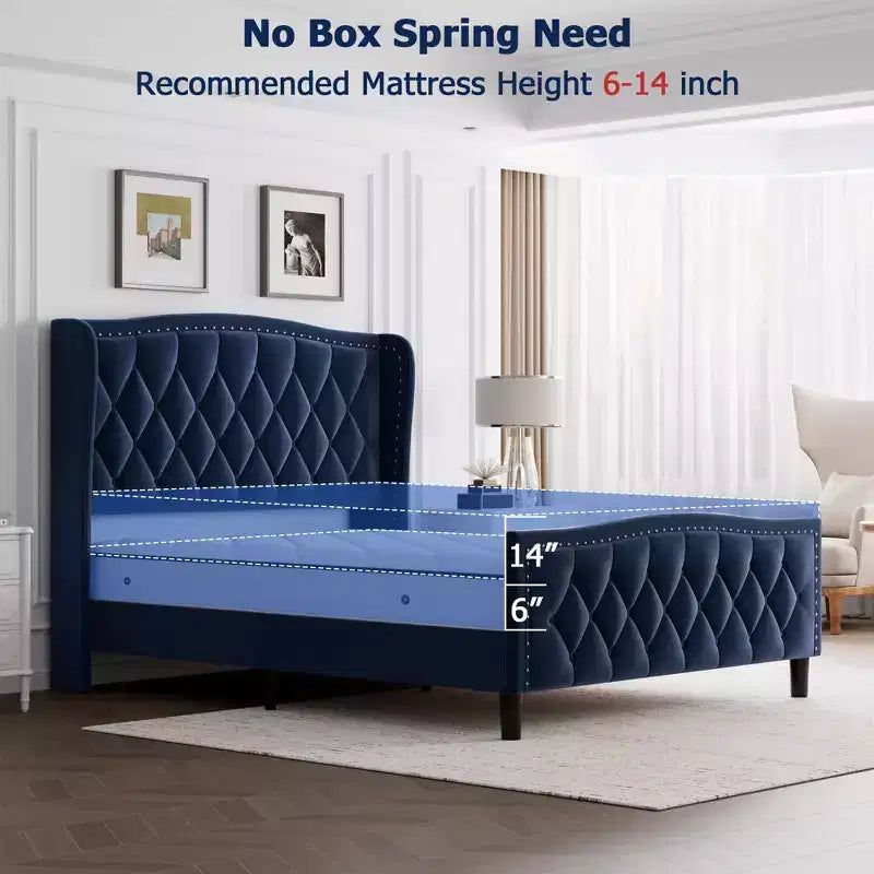 Estructura de cama plataforma tapizada capitoné con orejeras, cajones de almacenamiento (azul/blanquecino) – Matrimonial/Queen/King, 2 personas