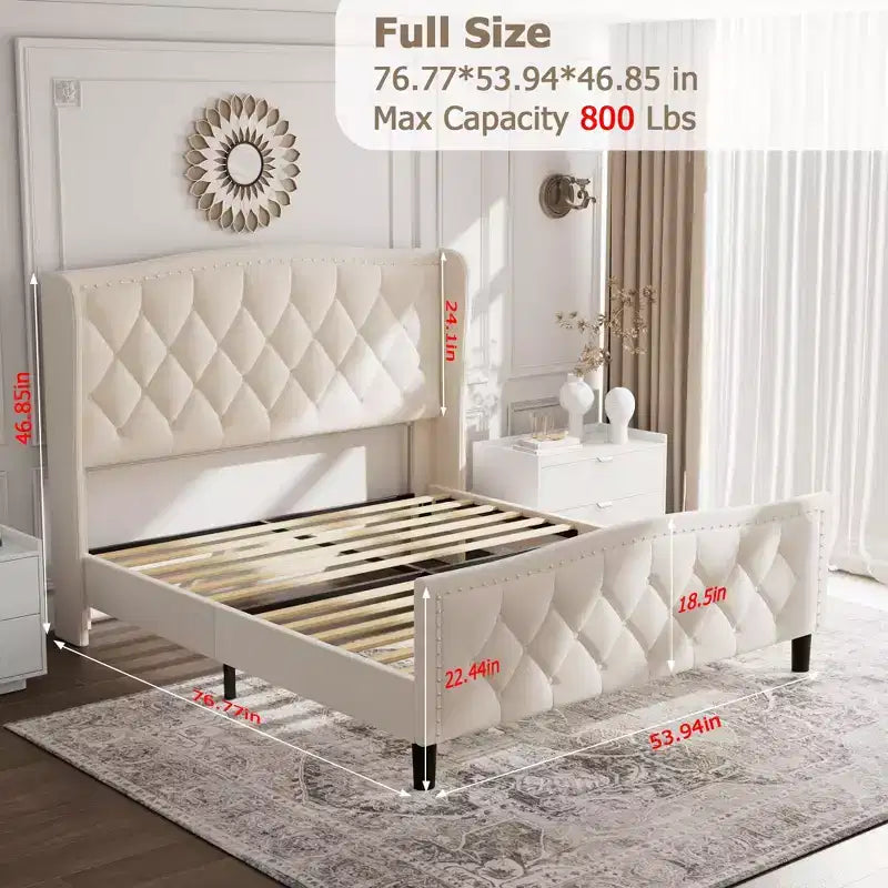 Estructura de cama plataforma tapizada capitoné con orejeras, cajones de almacenamiento (azul/blanquecino) – Matrimonial/Queen/King, 2 personas
