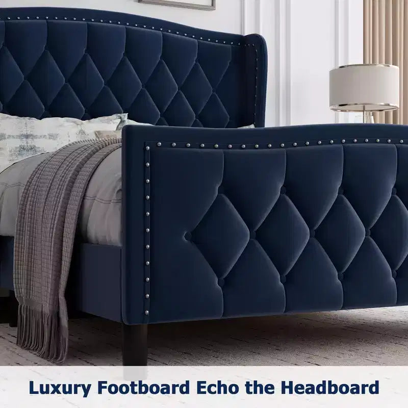 Estructura de cama plataforma tapizada capitoné con orejeras, cajones de almacenamiento (azul/blanquecino) – Matrimonial/Queen/King, 2 personas