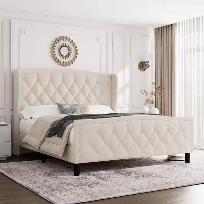 Estructura de cama plataforma tapizada capitoné con orejeras, cajones de almacenamiento (azul/blanquecino) – Matrimonial/Queen/King, 2 personas