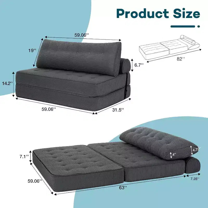 Sofá cama plegable beige/gris, cama convertible 3 en 1, para 2 personas