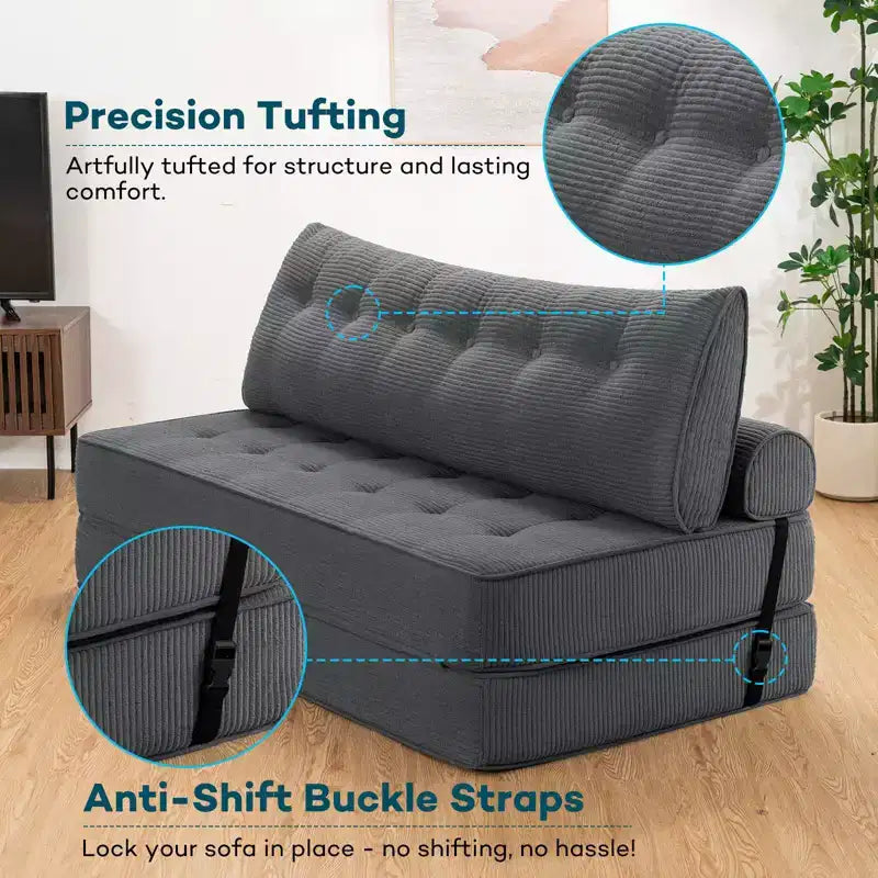 Sofá cama plegable beige/gris, cama convertible 3 en 1, para 2 personas