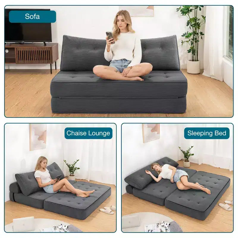 Sofá cama plegable beige/gris, cama convertible 3 en 1, para 2 personas