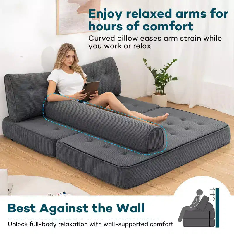Sofá cama plegable beige/gris, cama convertible 3 en 1, para 2 personas