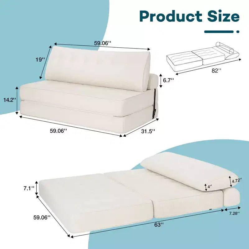 Sofá cama plegable beige/gris, cama convertible 3 en 1, para 2 personas