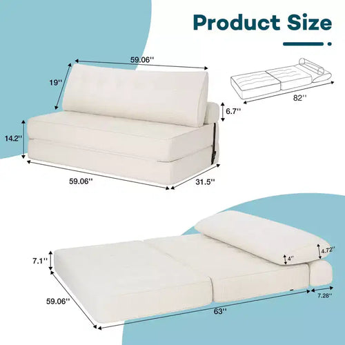 Sofá cama plegable beige/gris, cama convertible 3 en 1, para 2 personas