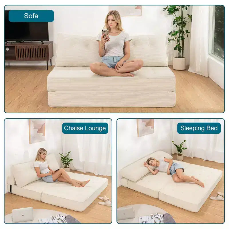 Sofá cama plegable beige/gris, cama convertible 3 en 1, para 2 personas