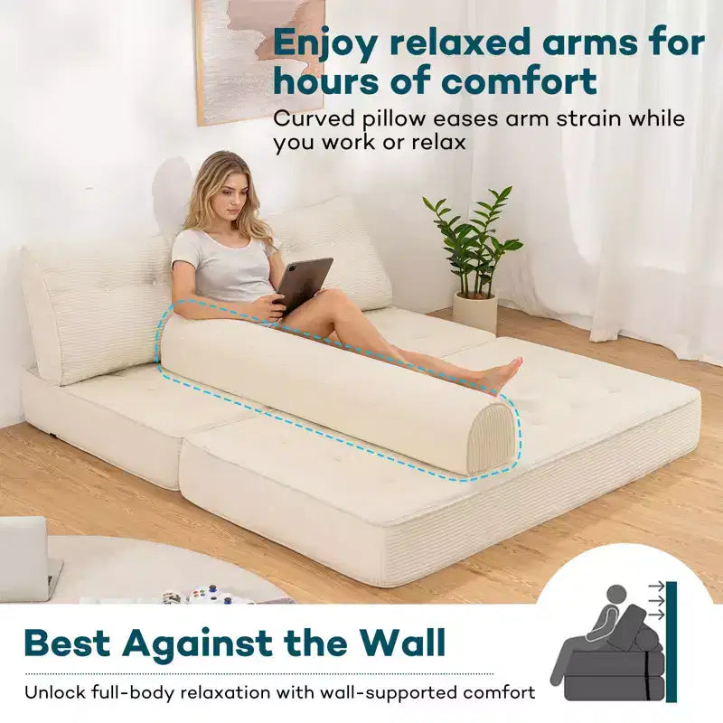 Sofá cama plegable beige/gris, cama convertible 3 en 1, para 2 personas