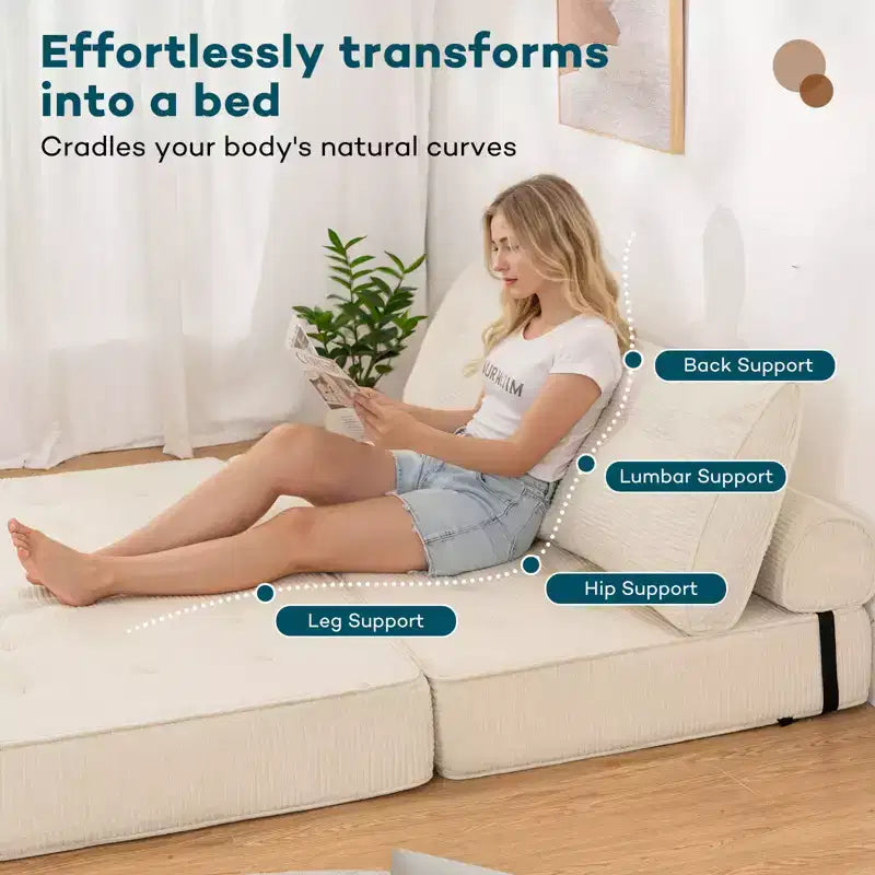 Sofá cama plegable beige/gris, cama convertible 3 en 1, para 2 personas