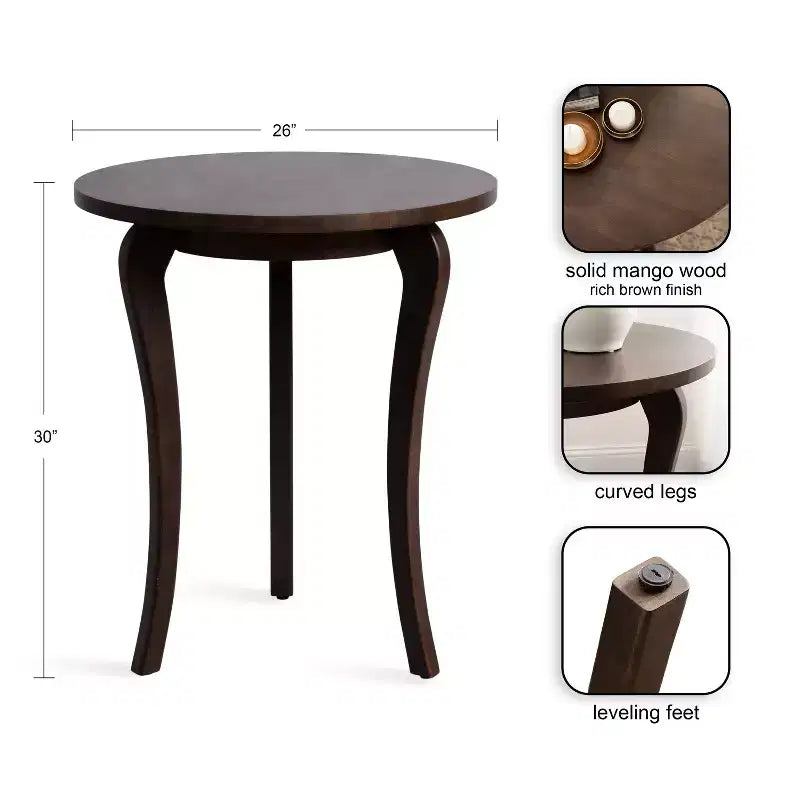Mesa auxiliar redonda marrón oscuro, 26"x30", individual
