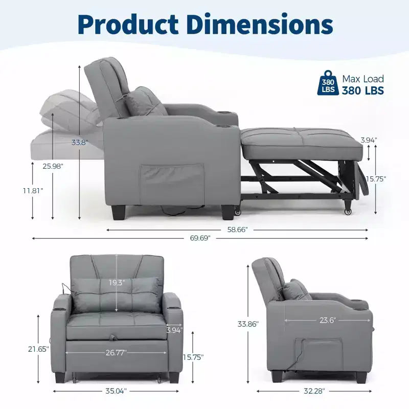 Sillón Cama Convertible 3 en 1 Gris, Individual, 1 Persona