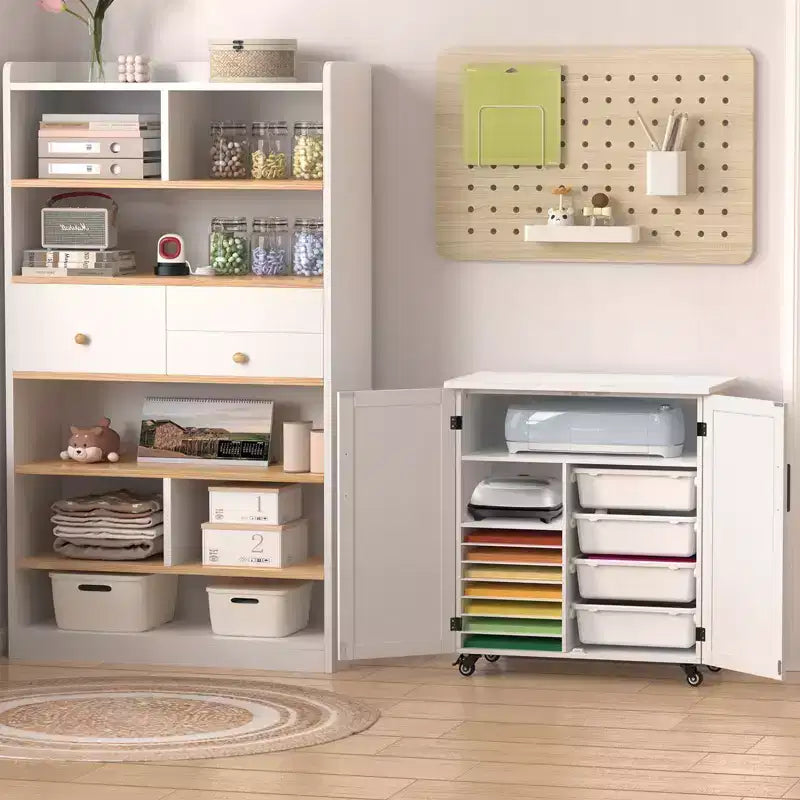 Armario blanco rodante para manualidades con cajones y puertas, para un solo usuario, 31.6"An x 15.8"P x 34.9"Al