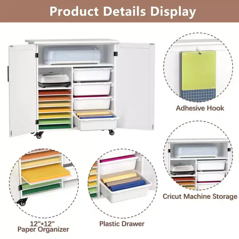 Armario blanco rodante para manualidades con cajones y puertas, para un solo usuario, 31.6"An x 15.8"P x 34.9"Al
