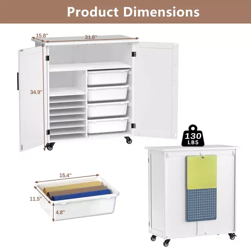 Armario blanco rodante para manualidades con cajones y puertas, para un solo usuario, 31.6"An x 15.8"P x 34.9"Al