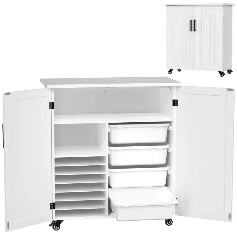 Armario blanco rodante para manualidades con cajones y puertas, para un solo usuario, 31.6"An x 15.8"P x 34.9"Al